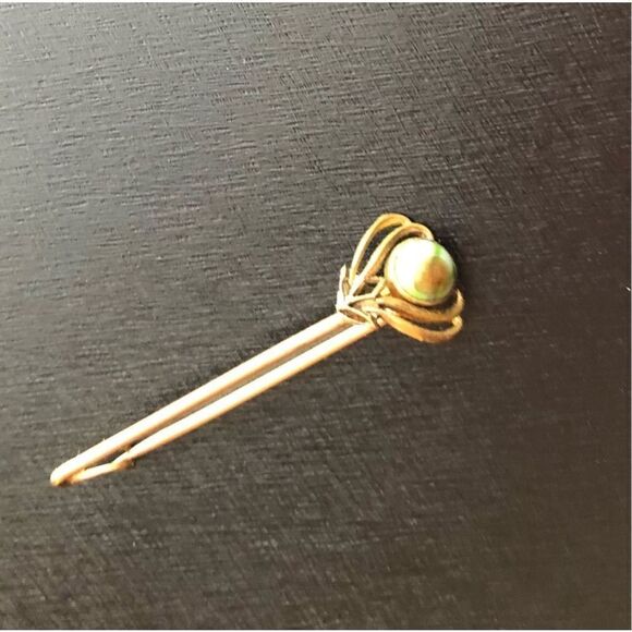 ANTIQUE - 🎉HP🎉 Brass? & Tiger Eye Art Nouveau Bar Pin/Collar Bar/Kilt Pin - Picture 2 of 10